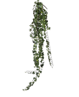 Un seul brin de lierre artificiel suspendu de 125 cm, ignifuge, avec des feuilles vert foncé en forme de cœur, pend sur un fond blanc uni.