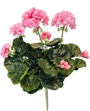 Le Géranium Artificiel 40 cm rose a des fleurs roses et des feuilles vertes rondes sur de longues tiges, qui montrent la beauté d'une plante artificielle rose ou d'un faux géranium sur un fond blanc.