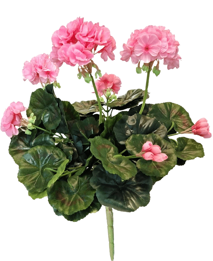 Le Géranium Artificiel 40 cm rose a des fleurs roses et des feuilles vertes rondes sur de longues tiges, qui montrent la beauté d'une plante artificielle rose ou d'un faux géranium sur un fond blanc.