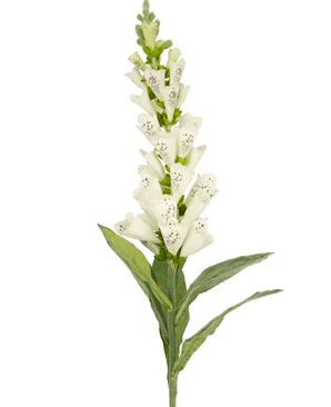 De Kunstbloem Vingerhoedskruid 90 cm wit heeft groene bladeren en witte, gevlekte buisvormige bloesems - ideaal voor luxe decoratie of als opvallend accent in een kunstbloemen boeket.