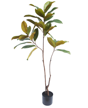 L'arbre Yulania artificiel de 120 cm a de fines tiges brunes et de larges feuilles vert-jaune, qui semblent réalistes et mettent en valeur n'importe quelle pièce sur un fond blanc uni.