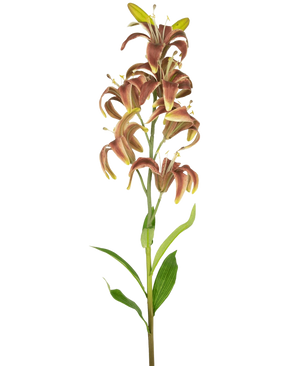 La Fleur Artificielle Lys Martagon 78 cm fuchsia a une seule tige haute avec de multiples fleurs de lys fuchsia et des feuilles vertes, isolées sur un fond blanc.