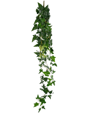 La plante suspendue artificielle Lierre Boston 120 cm vert possède un long brin de lierre vert artificiel avec des feuilles denses et pointues qui tombent sur un fond blanc uni.