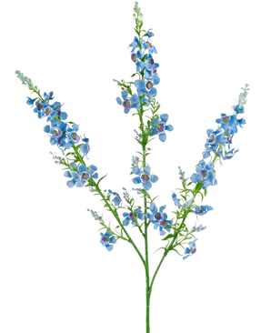L'herbe à chat artificielle 75 cm bleue a une seule tige verte qui se ramifie en trois, chacune avec des grappes de petites fleurs bleues vibrantes avec un centre violet et des feuilles vertes, sur un fond blanc uni.
