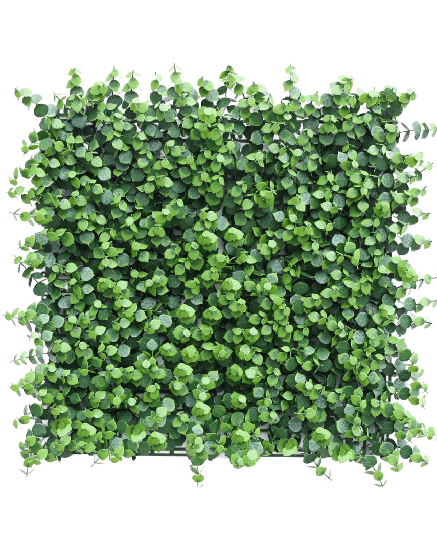 La haie artificielle Eucalyptus 50x50 cm UV est un panneau d'art dense et carré avec des feuilles vertes dans un design en grille, qui forme un mur de feuilles élégant sur un fond blanc uni.