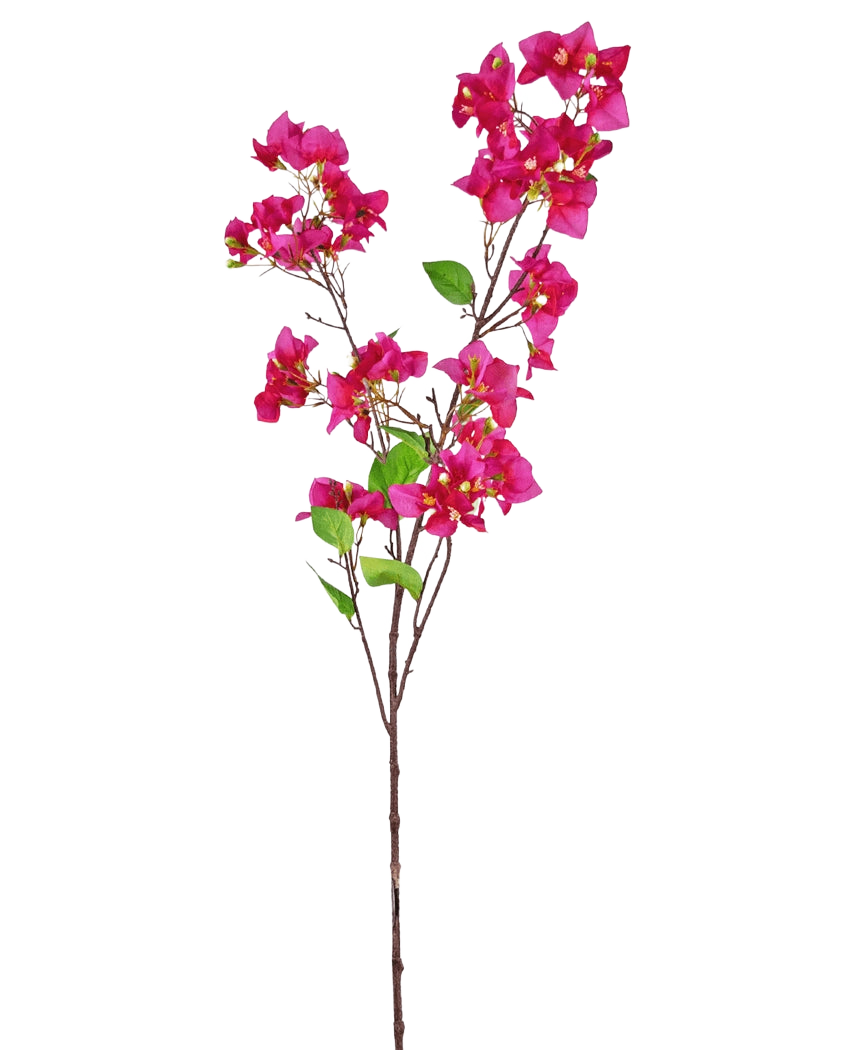 La Fleur Artificielle Bougainvillier 120 cm rose possède une seule branche avec plusieurs bouquets de fleurs rose vif et des feuilles vertes sur une fine tige brune, sur un fond blanc.