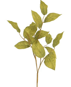 La branche artificielle feuille de pommier 70 cm présente plusieurs feuilles de soie vertes veinées sur de fines tiges, sur un fond uni et clair.