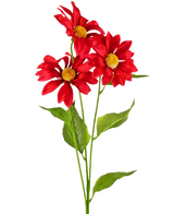 La marguerite artificielle de 78 cm rouge comprend trois marguerites artificielles rouges vif avec des cœurs jaunes et des feuilles vertes sur de longues tiges, sur un fond blanc uni.