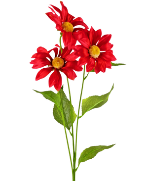 La marguerite artificielle de 78 cm rouge comprend trois marguerites artificielles rouges vif avec des cœurs jaunes et des feuilles vertes sur de longues tiges, sur un fond blanc uni.