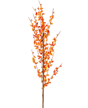 La Branche Artificielle Ilex 100 cm orange possède une seule branche haute avec de nombreuses petites baies oranges sur de fines tiges brunes, sur un fond uni blanc.
