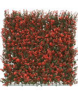 La Haie Artificielle Buis rouge 50x50 cm UV est un panneau vert artificiel carré avec de petites feuilles vertes denses et des grappes de fleurs rouges, idéal pour la décoration ou l'intimité.