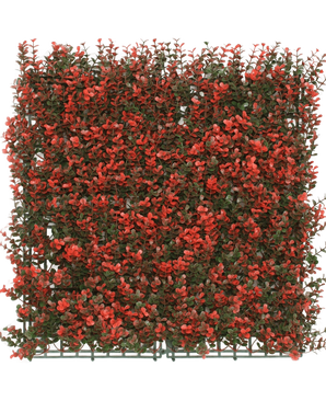 La Haie Artificielle Buis rouge 50x50 cm UV est un panneau vert artificiel carré avec de petites feuilles vertes denses et des grappes de fleurs rouges, idéal pour la décoration ou l'intimité.