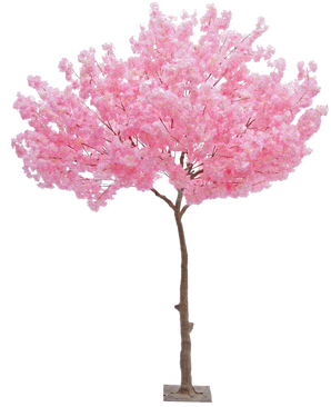 L'arbre artificiel Cherry Blossom Pink 270 cm est un grand sapin de Noël artificiel avec un tronc brun élancé et des grappes denses de fleurs roses éclatantes sur un fond blanc uni.