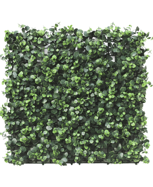 La haie artificielle Eucalyptus 50x50 cm UV est un panneau carré avec des feuilles d'eucalyptus artificielles denses, petites et rondes, densément emballées pour un aspect vibrant et naturel, parfait pour créer des jardins verticaux luxuriants ou des murs décoratifs à l'intérieur ou à l'extérieur.
