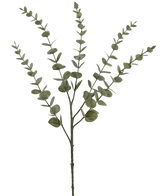 La fleur artificielle Eucalyptus Yugali 71 cm est une tige artificielle unique avec cinq branches ramifiées et de petites feuilles vertes rondes, représentées isolées sur fond blanc.