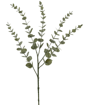 La fleur artificielle Eucalyptus Yugali 71 cm est une tige artificielle unique avec cinq branches ramifiées et de petites feuilles vertes rondes, représentées isolées sur fond blanc.