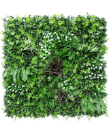 La Haie Artificielle Sillage 100x100 cm UV est un panneau mural carré à la verdure artificielle dense, avec diverses fougères et plantes à feuillage pour un effet jardin vertical luxuriant et vivant.