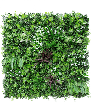 La Haie Artificielle Sillage 100x100 cm UV est un panneau mural carré à la verdure artificielle dense, avec diverses fougères et plantes à feuillage pour un effet jardin vertical luxuriant et vivant.