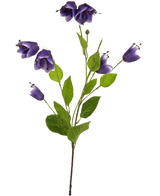 La fleur artificielle Fritillary 81 cm violette a une tige unique avec plusieurs feuilles vertes et des fleurs violettes en forme de cloche, représentées sur un fond blanc.