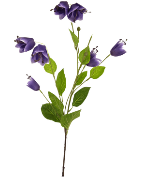 La fleur artificielle Fritillary 81 cm violette a une tige unique avec plusieurs feuilles vertes et des fleurs violettes en forme de cloche, représentées sur un fond blanc.