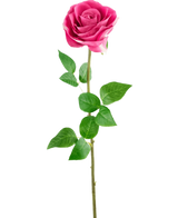 De Kunstroos Real Touch 56 cm roos heeft een enkele roze kunstroos met levensechte groene bladeren op een lange steel, tegen een effen witte achtergrond.