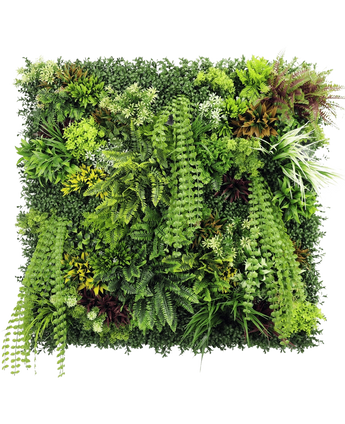 De Kunsthaag Lush Deco Deluxe 100x100 cm UV is een vierkant verticaal tuinpaneel met dicht, gestructureerd groen met een mix van bladplanten, varens en grassen - perfect voor het creëren van een levendige natuurlijke display tegen een witte achtergrond.