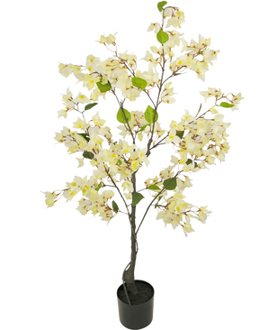 Le Bougainvillier Artificiel 120 cm blanc est un arbre artificiel en pot avec des branches fines, des feuilles vertes et d'abondantes fleurs jaune clair et blanches sur un fond uni blanc.