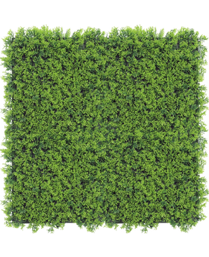 Haie artificielle Cupressus 50x50 cm UV : Un panneau de haie artificielle d'un vert dense et vibrant vu de dessus sur fond blanc, idéal pour créer des murs végétaux réalistes.