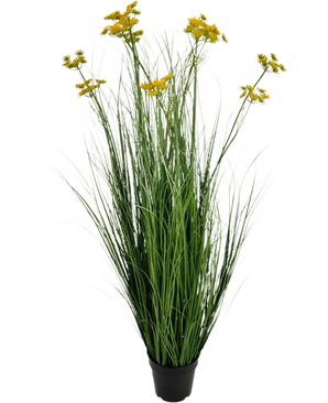 Le Pot d'Herbe d'Oignon Fleur de Racine de Gazon Artificiel 120 cm est une plante artificielle ignifuge dans un pot avec de longues feuilles vertes ressemblant à de l'herbe et des bouquets de petites fleurs jaunes, isolées sur un fond blanc.