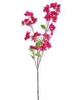 De Kunstbloem Bougainvillea 120 cm roze heeft een enkele tak met meerdere trossen felroze bloemen en groene bladeren op een slanke bruine steel, tegen een witte achtergrond.