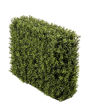 La Haie de Buis Artificiel UV 70x20x50 cm, une haie rectangulaire verte dense avec de petites feuilles, est présentée dans une jardinière en plastique protégée contre les UV sur un fond blanc uni.