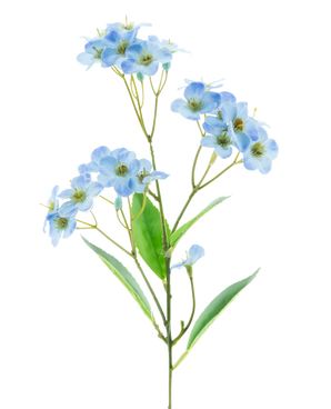 Une orchidée artificielle Real Touch Blue de 50 cm avec des bouquets de délicates fleurs bleu clair et quelques feuilles vertes se dresse sur un fond blanc uni.