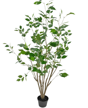 La plante artificielle Ficus 120 cm est une grande plante artificielle en pot avec de multiples tiges fines brunes et des feuilles vertes luxuriantes, dans un pot noir compact sur un fond blanc uni.