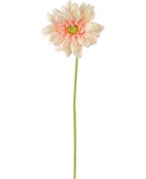 La Fleur Artificielle Gerbera mini 47 cm rose tendre est une marguerite artificielle rose clair avec des pétales doux et superposés et un cœur jaune sur une longue tige verte, sur un fond blanc uni.