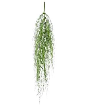 La plante artificielle suspendue Herbe de varech 91 cm a une seule tige de feuillage artificiel vert moelleux avec de longues et fines feuilles qui tombent gracieusement sur un fond blanc uni.