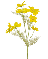 La fleur artificielle Cosmos 74 cm jaune a des fleurs jaune vif et de délicates feuilles vertes plumeuses sur de fines tiges - parfaites pour créer un bouquet sur un fond blanc uni.