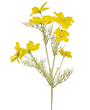La fleur artificielle Cosmos 74 cm jaune a des fleurs jaune vif et de délicates feuilles vertes plumeuses sur de fines tiges - parfaites pour créer un bouquet sur un fond blanc uni.