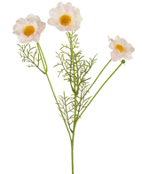 De Kunstrozenkraag Real Touch Wit/roze 50cm heeft drie lichtroze en witte kunstbloemen met gele hartjes en delicate groene blaadjes op lange stelen, prachtig weergegeven tegen een effen witte achtergrond.