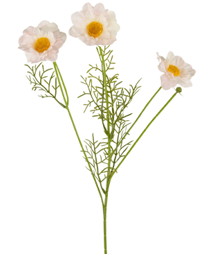 De Kunstrozenkraag Real Touch Wit/roze 50cm heeft drie lichtroze en witte kunstbloemen met gele hartjes en delicate groene blaadjes op lange stelen, prachtig weergegeven tegen een effen witte achtergrond.