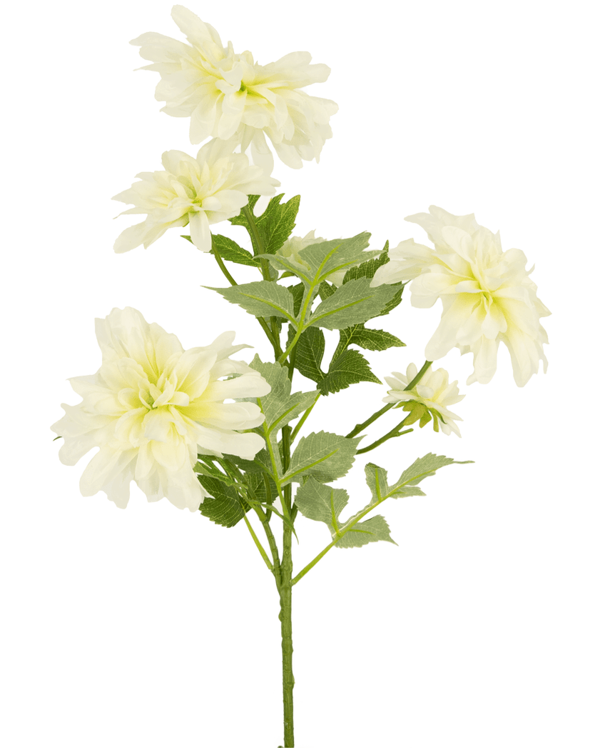 Une fleur artificielle Dahlia de 60 cm de haut avec plusieurs fleurs de dahlia jaune clair et des feuilles vertes sur un fond blanc uni.