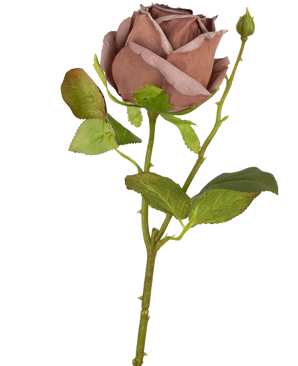 Une fleur artificielle luxueuse : la rose artificielle Deluxe de 45 cm violette séchée avec des feuilles vertes et un petit bouton non ouvert sur une longue tige, représentée sur un fond blanc.