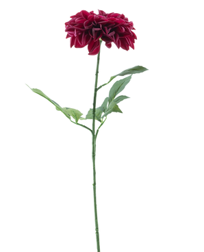 De Kunstbloem Dahlia Real Touch Paars 72 cm heeft een enkele paarse dahlia met gelaagde bloemblaadjes en een lange groene steel met verschillende bladeren, tegen een effen witte achtergrond.