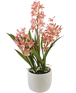 De Kunstplant Cymbidium 58 cm roze heeft hoge groene bladeren en trossen roze en witte orchideeënbloemen, gerangschikt in een eenvoudige pot van wit keramiek, perfect om elke ruimte op te fleuren.
