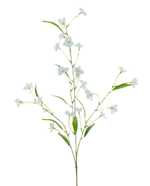 La Fleur Artificielle Alstroemeria Real Touch Blanc 100 cm présente de fines feuilles vertes et de petites fleurs blanches sur une tige délicate, sur un fond blanc uni.