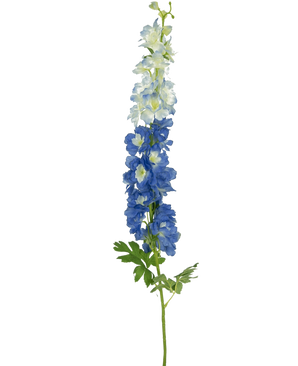 La Fleur Artificielle Delphinium 105 cm bleue a une seule longue tige avec des fleurs bleu-blanc et des feuilles vertes, sur un fond uni blanc.