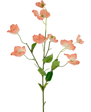 Het Kunstkornoelje Real Touch Lichtroze 74cm heeft een enkele steel met meerdere takken, elk versierd met lichtroze kornoeljebloemen en groene bladeren, tegen een effen witte achtergrond.