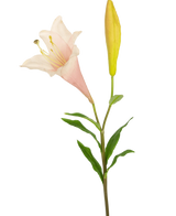 La Fleur artificielle lys exotique 74 cm rose a une tige unique avec un lys rose clair en fleurs et un bouton jaune fermé, entouré de fines feuilles vertes, sur un fond blanc.