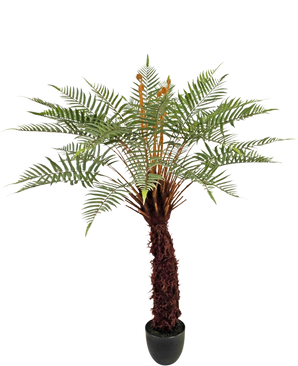 La Plante Artificielle Dicksonia 127 cm est une grande fougère en pot avec un tronc marron structuré et de longues feuilles vertes courbées sur fond blanc.