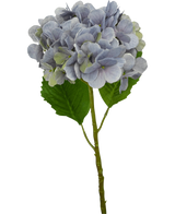 Une seule tige lilas d'hortensia artificiel Deluxe de 57 cm avec des pétales violet clair et deux grandes feuilles vertes, isolées sur un fond blanc.