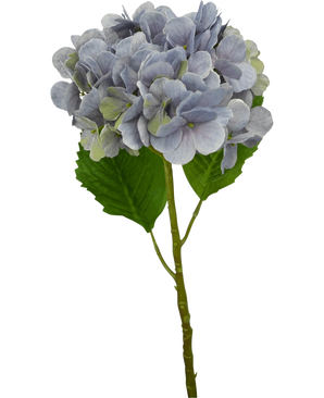 Une seule tige lilas d'hortensia artificiel Deluxe de 57 cm avec des pétales violet clair et deux grandes feuilles vertes, isolées sur un fond blanc.